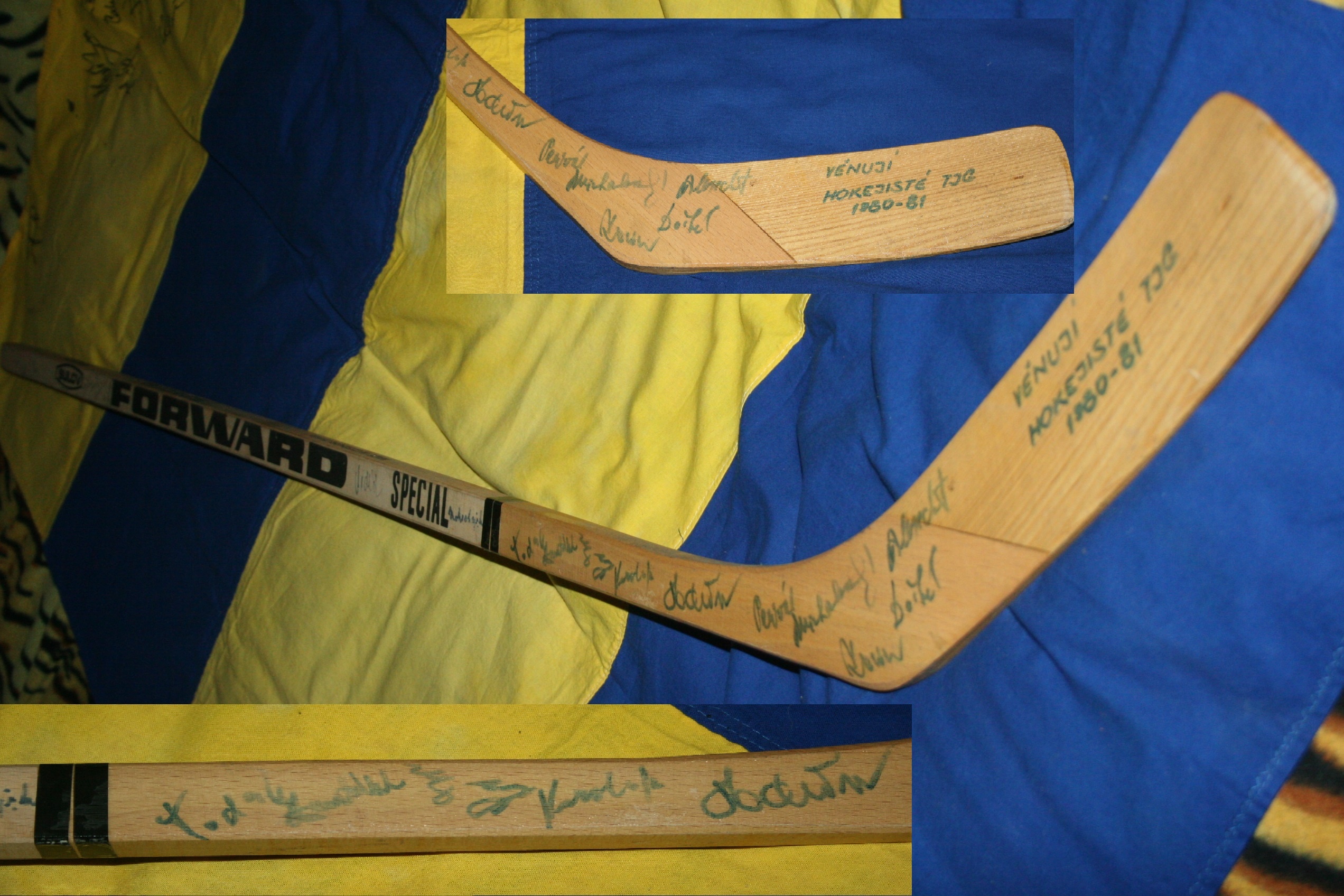hokejka podepsaná hráči TJ Gottwaldov ze sezony 1980-81